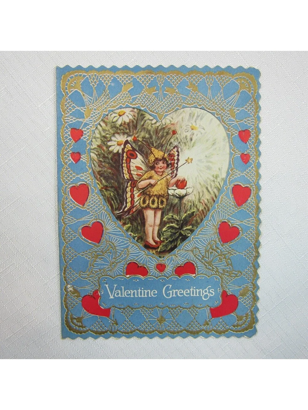 Vintage Valentine Card 1929 Die cut Fold Girl Fairy Wings Wand Daisy Flowers USA
